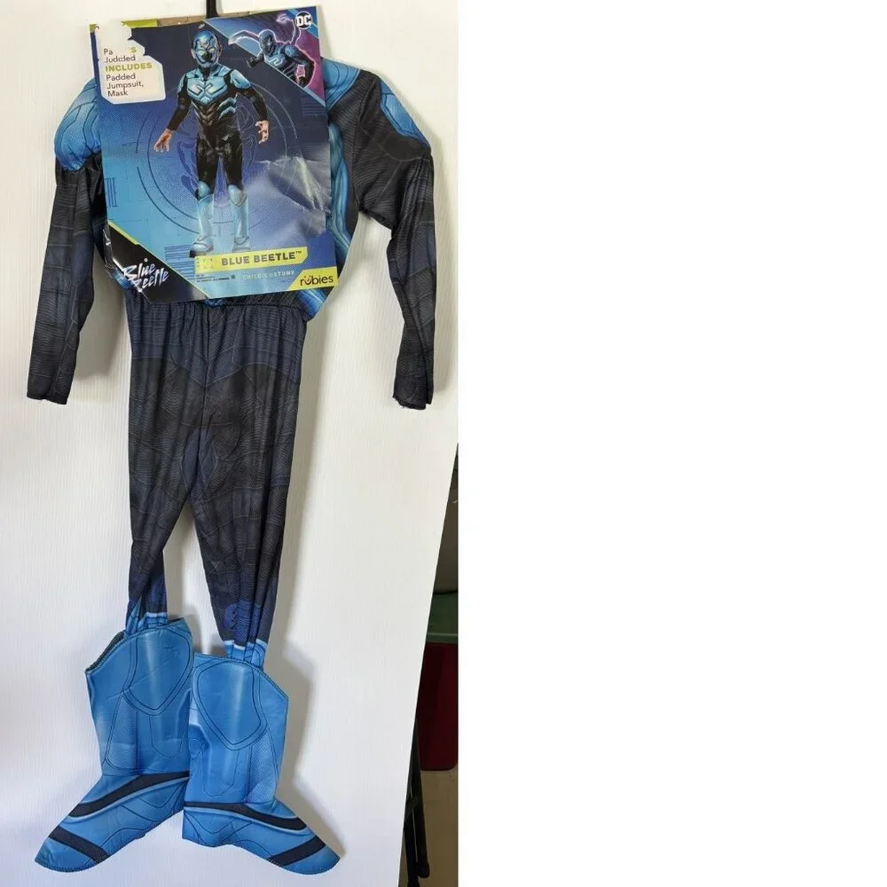 Blue Beetle Muscle Halloween Costume 7/8 Jumpsuit & Mask DC Comics Boys 2 Pc